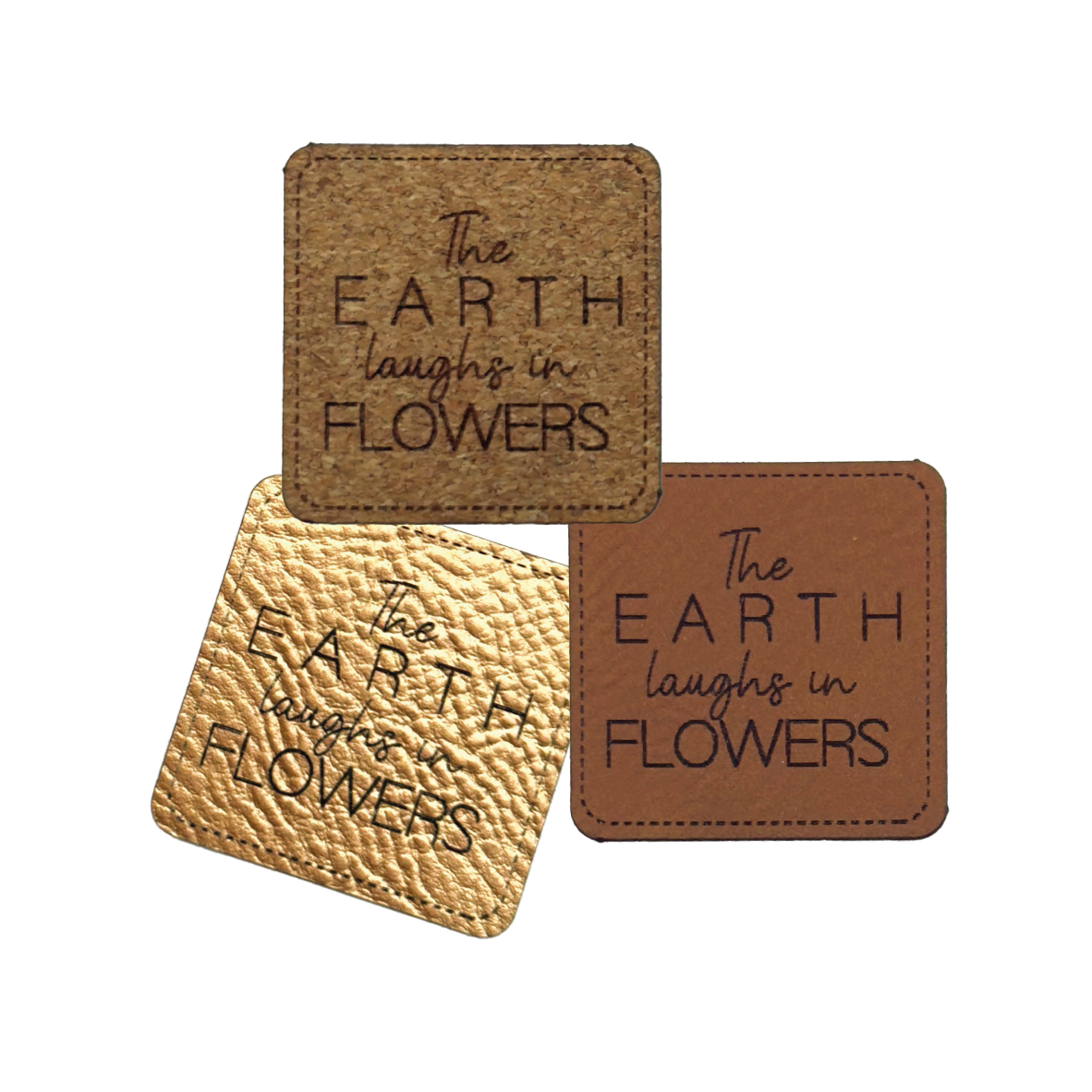 Faux leather label "The Earth laughs in Flowers"