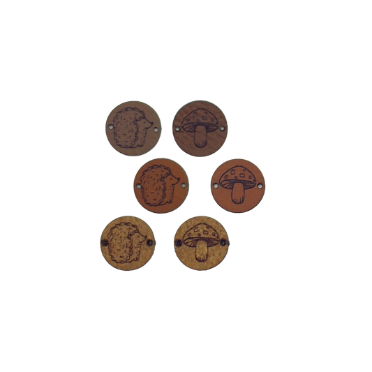 2 mini faux leather labels "Hedgehog + Fly Agaric"